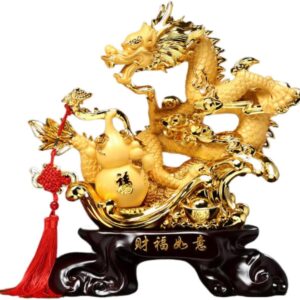 财福如意祥龙摆件 Feng Shui Dragon Statue for Wealth Good Luck Home Or Office 招财葫芦 Wooden Hu Lu (Gourd) Coloured Glaze Brass Good Luck Hu Lu 客厅玄关酒柜装饰品店铺乔迁开业礼物 - fengshui-144