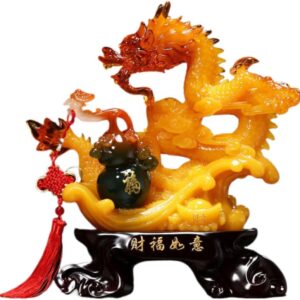 财福如意祥龙摆件 Feng Shui Dragon Statue for Wealth Good Luck Home Or Office 招财葫芦 Wooden Hu Lu (Gourd) Coloured Glaze Brass Good Luck Hu Lu 客厅玄关酒柜装饰品店铺乔迁开业礼物 - fengshui-148