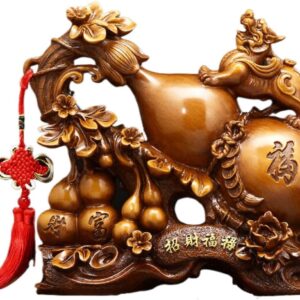 福禄招财葫芦 Wooden Hu Lu (Gourd) Coloured Glaze Brass Good Luck Hu Lu 摆件 pi yao Sculpture Golden Home Decoration Figurine 貔貅家居客厅玄关电视柜装饰工艺品乔迁开业礼物 - fengshui-604