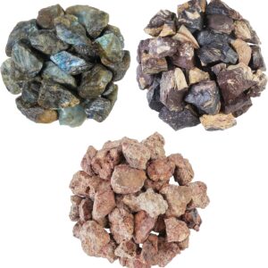 1LB Labradorite, 1LB Asteroid Jasper, 1LB Wooden Jasper Rough Bulk Natural Stone Raw Gemstone Tumbling Cabbing Polishing Gem Mining Chakra Balancing Reiki Healing Good Luck Home Office Decor