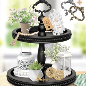 2 Tiered Tray Wooden Serving Stand by Felt Creative Home Goods. Small Beaded Tray for Home Decor Display Farmhouse Country Decoration Kitchen or Dining. Includes 3 Finial Custom Handles (Black)
