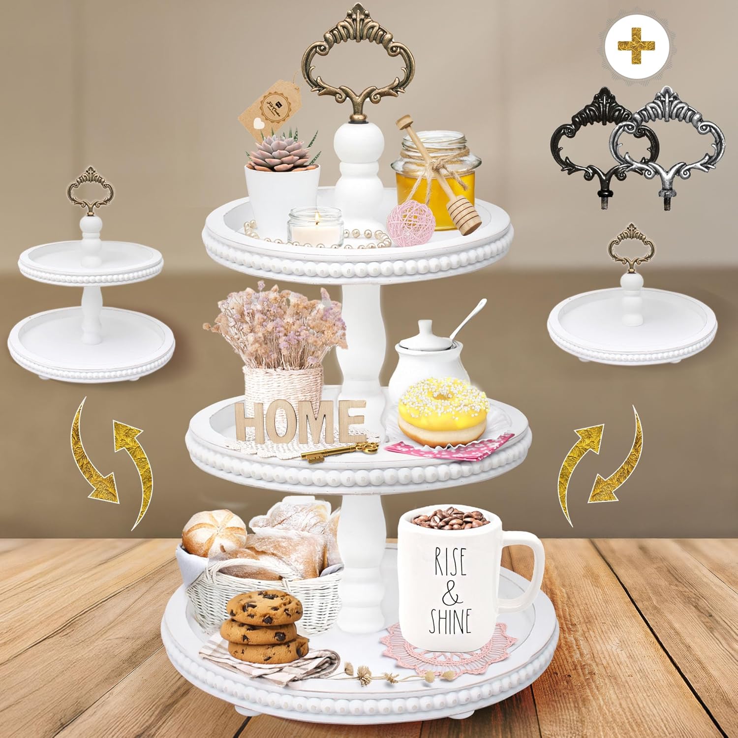 [3-in-1] Wooden Tiered Tray Stand - Beaded 3 Tiered Tray Decor Wood Cupcake Stand for Farmhouse Country Rustic Home - 3 Tier Stand [with 3 Changeable Handles] by Felt Creative Home Goods (White)