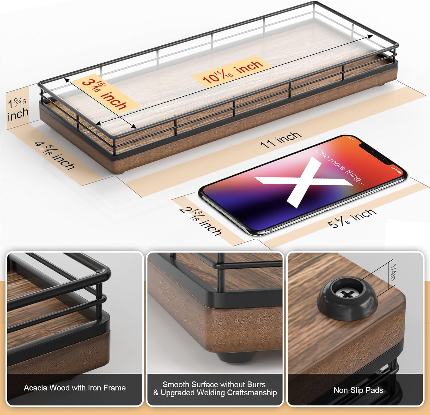 Acacia Wood Bathroom Vanity Tray, 11" L Small Countertop Tray for Dresser, Table, Kitchen Counter, Coffee Bar - Image 3