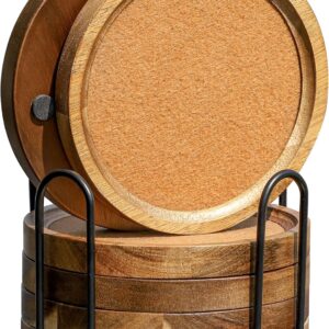 Acacia Wood Coasters for Drinks, Large Absorbent Wooden Coaster for Coffee Table, Felt Coaster for Wooden Table Decor New Home Gifts Mom's Day - Rustic Original Wood Color 4.72Inch