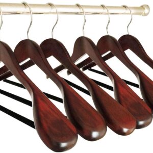 B&C Home Goods Wooden Coat & Suit Hangers - Extra Wide Shoulder Wood Clothes Hangers with Velvet Bar | Premium Garment & Pants Storage Set of 6