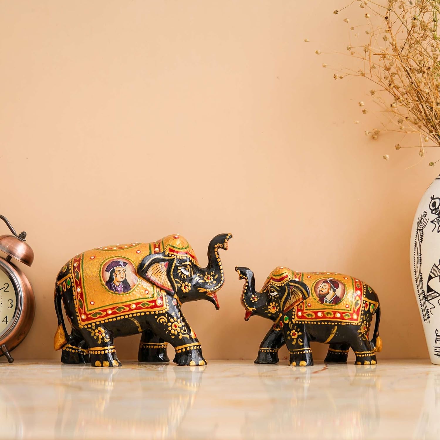 Bushra MegaMart Rajasthani Tribal Handmade Brown Wooden Elephant Statue | Antique Design Showpiece | Brings Good Luck & Prosperity | Handcrafted Home Décor