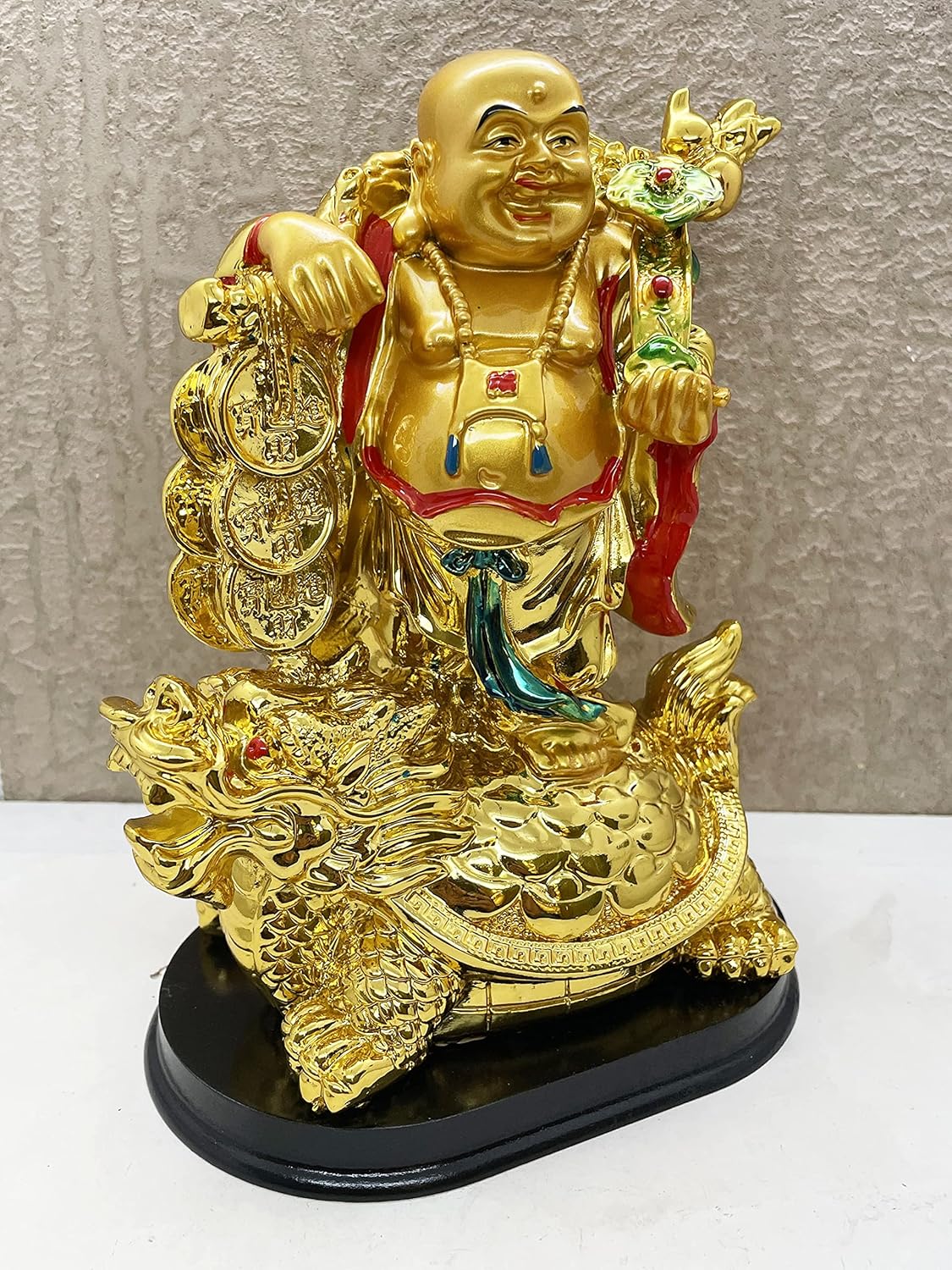 Exclusive Polyresin Medium Size Happy Man with Turtle On Wooden Base for Money, Wealth & Good Luck, Decorative Idol Statue Showpiece for Home Decoration (FS-2714) - Image 4