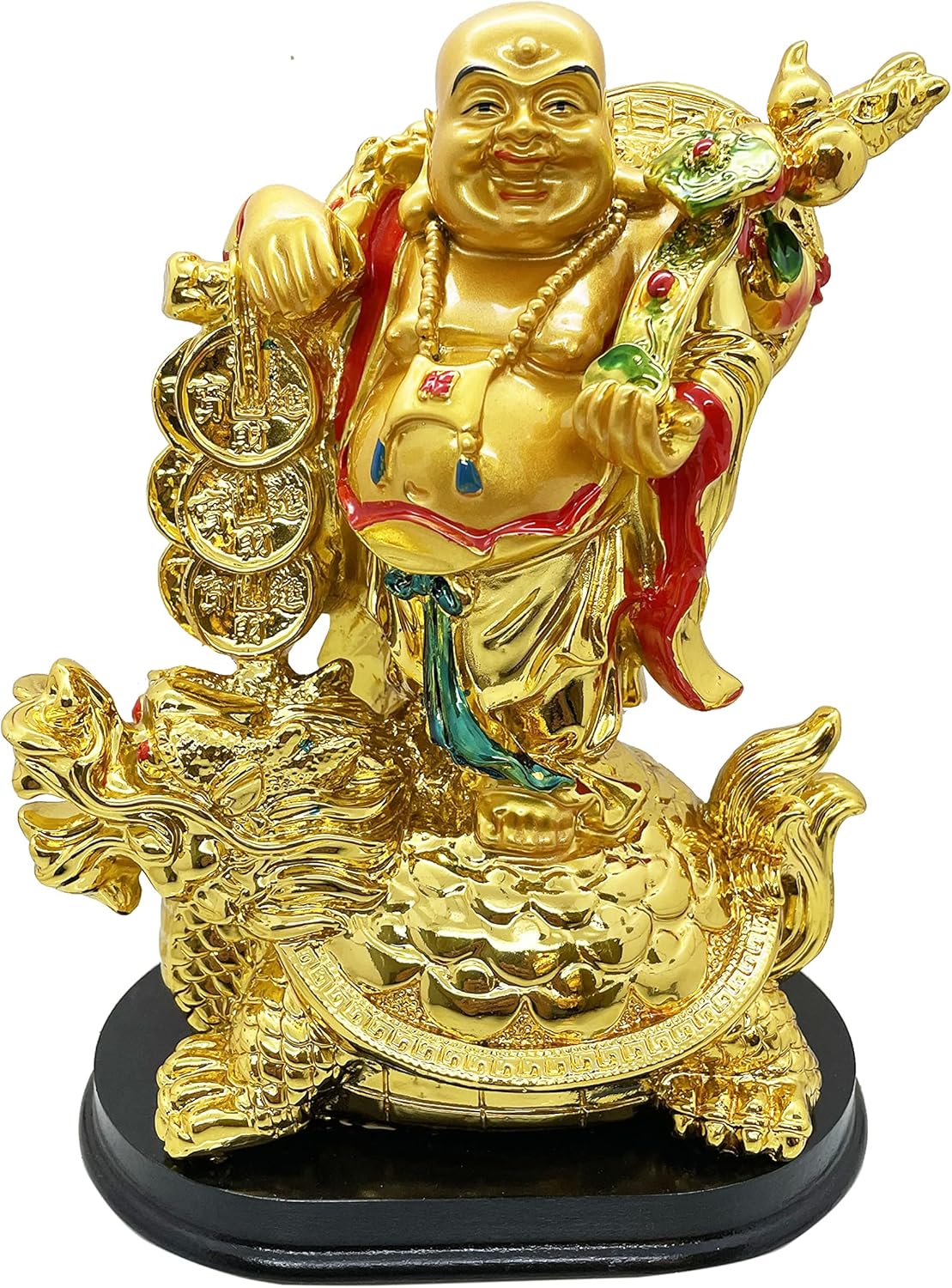 Exclusive Polyresin Medium Size Happy Man with Turtle On Wooden Base for Money, Wealth & Good Luck, Decorative Idol Statue Showpiece for Home Decoration (FS-2714)
