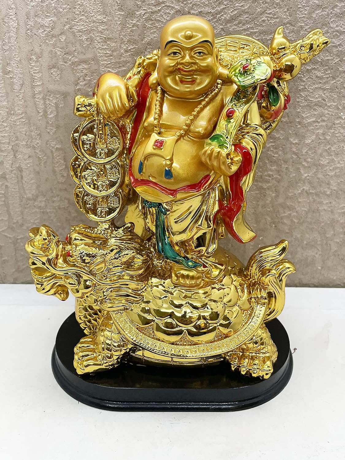 Exclusive Polyresin Medium Size Happy Man with Turtle On Wooden Base for Money, Wealth & Good Luck, Decorative Idol Statue Showpiece for Home Decoration (FS-2714) - Image 3