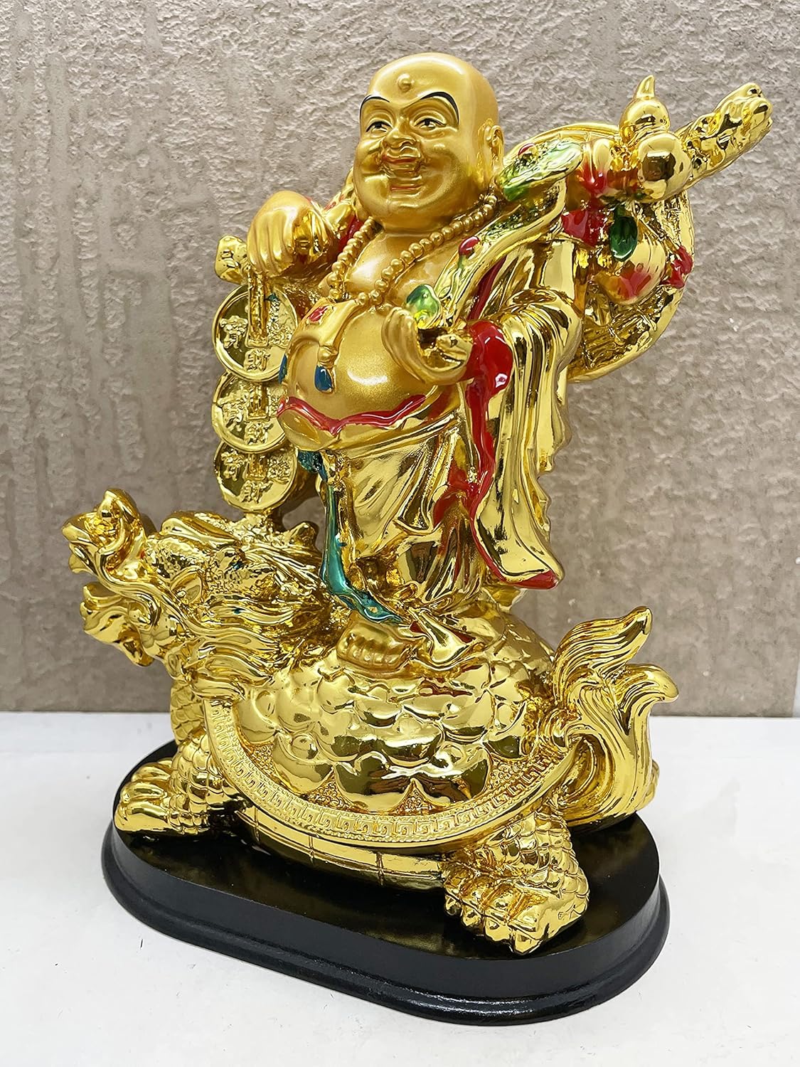 Exclusive Polyresin Medium Size Happy Man with Turtle On Wooden Base for Money, Wealth & Good Luck, Decorative Idol Statue Showpiece for Home Decoration (FS-2714) - Image 5