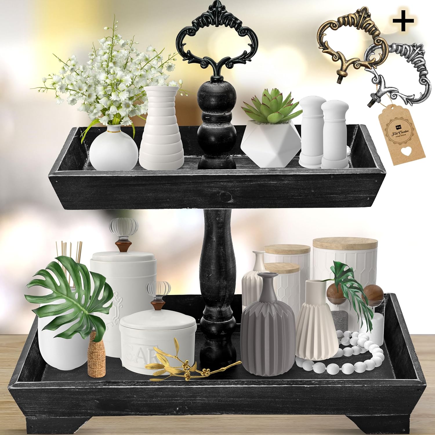 Felt Creative Home Goods Rectangle Rustic Wood Two Tiered Tray, 2 Tier Serving Tray for Coffee Bar, Kitchen Counter, Dining Room Table, Cupcake Stand, Holiday and Farmhouse Decor (Rustic Black)