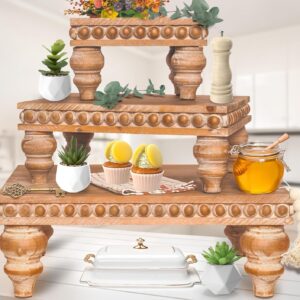 Felt Creative Home Goods Wooden Riser [Set of 3] Premium Farmhouse Risers | Beaded Wood Risers for Display | Handmade Wooden Risers for Decor | Vintage Tiered Stand | Decorative Footed Risers