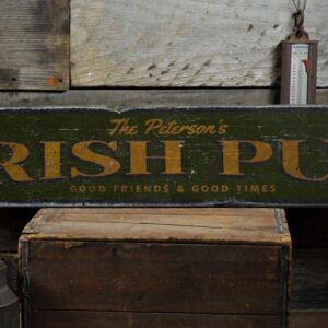 Good Friends & Good Times Irish Pub Wood Sign, Custom Owner Family Name Home Bar Decor - Rustic Hand Made Vintage Wooden Sign - 9.25 x 48 Inches