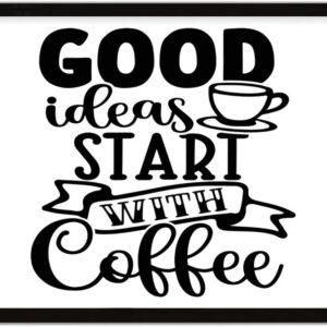 Good Ideas Start With Coffee Framed Wood Sign Funny Coffee Quote Wooden Sign Coffee Theme Motto Wooden Sign Frame 16" x 20" Coffee Lover Wall Art Decor for Home Bedroom Living Room Farmhouse