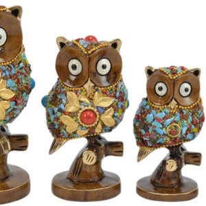 Handmade Wooden Stone Work Owl Set of 4 I Owl Showpiece I Good Luck Showpiece I Home Decor I Owl Statue I Gift for Decoration of Bedroom Living Room Decor Items by Tanisha Enterprises