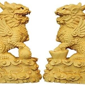 Large Ornaments A Pair of Chinese Feng Shui Qi Lin/Kylin Statues,Wooden Decor Prosperity Figurine Home and Office,Attract Wealth and Good Luck Large Ornaments