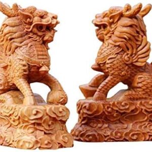 Large Ornaments Home Decoration Crafts A Pair of Chinese Feng Shui Qilin/Kylin Statues,Wooden Decor Prosperity Figurine Home and Office,Attract Wealth and Good Luck,Best Gift Large Ornaments