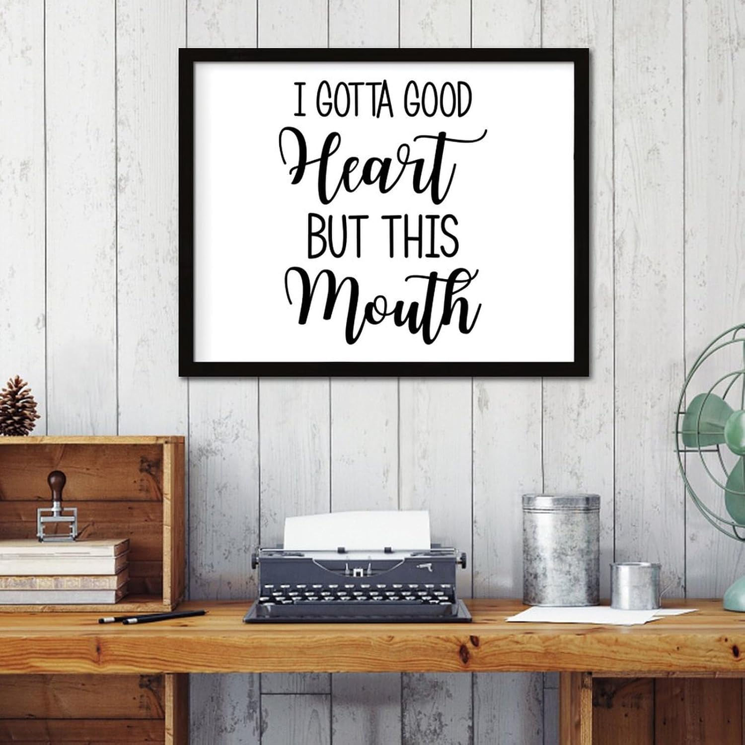 Modern Framed Wooden Sign I Gotta Good Heart, But This Mouth Home Décor for Outdoor Word Quotes Painted Wooden Signs Rustic Laundry Wall Decor Sign Gift 16x20in