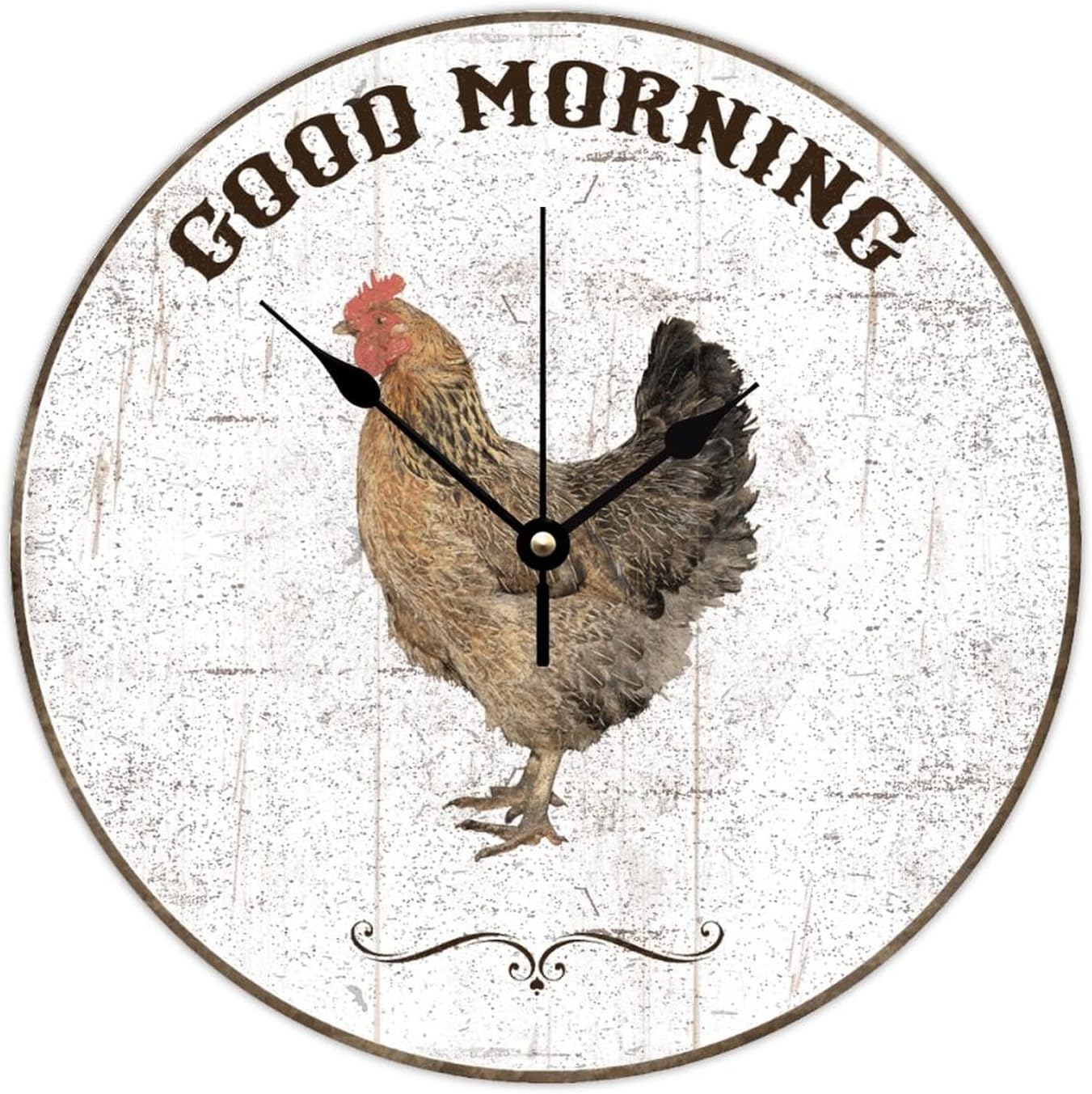 Rooster - Good Morning Clock Farm Life Wooden Round Clock Vintage Retro Welcome Home Gifts Silent Non-Ticking for Home Bathroom Bedroom 15x15 inches