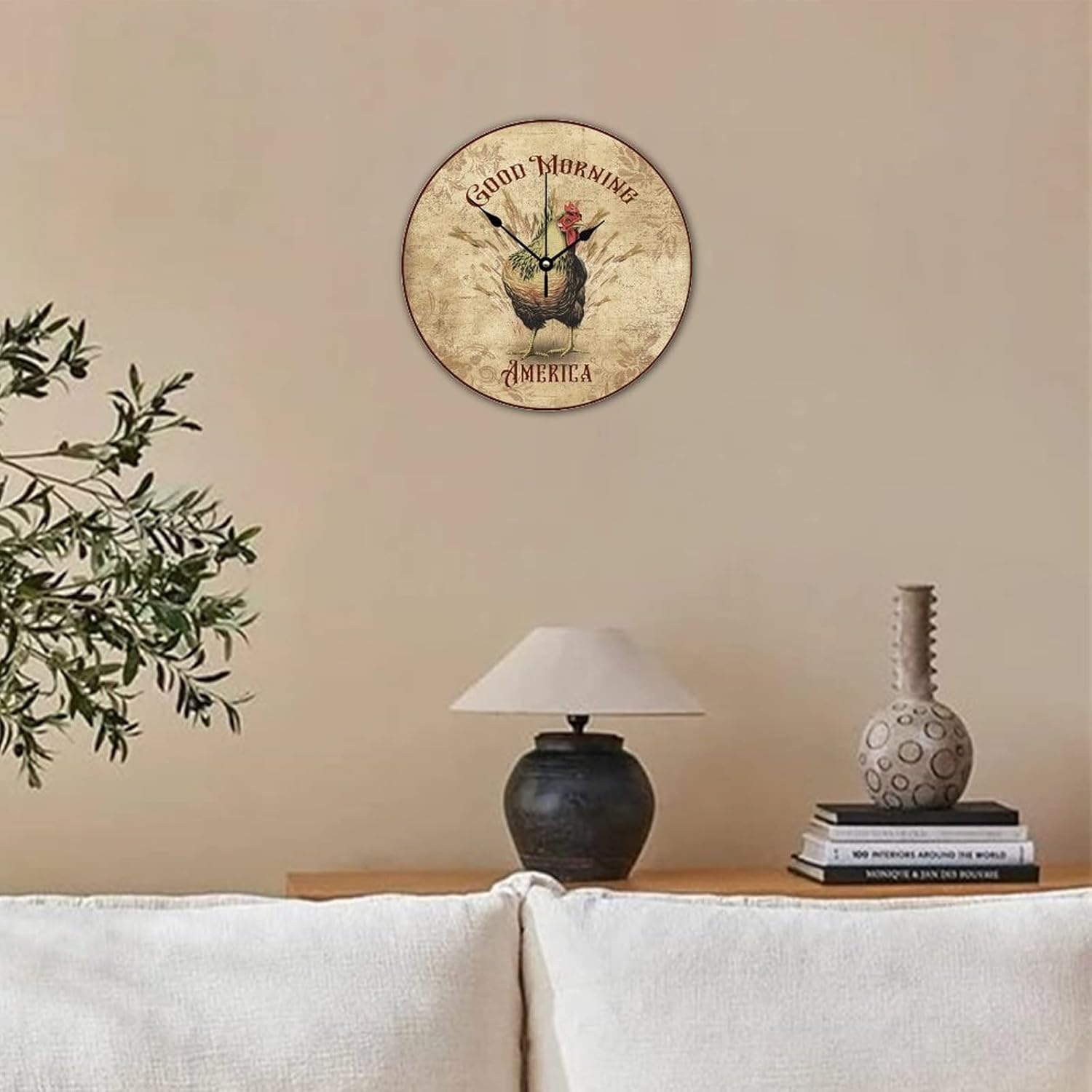 Rooster-Good Morning America Clocks Hen Wooden Round Clock Farmhouse Welcome Home Gifts Battery Operated Home Decor for Kitchen\/Living Room 15x15 inches - Image 2