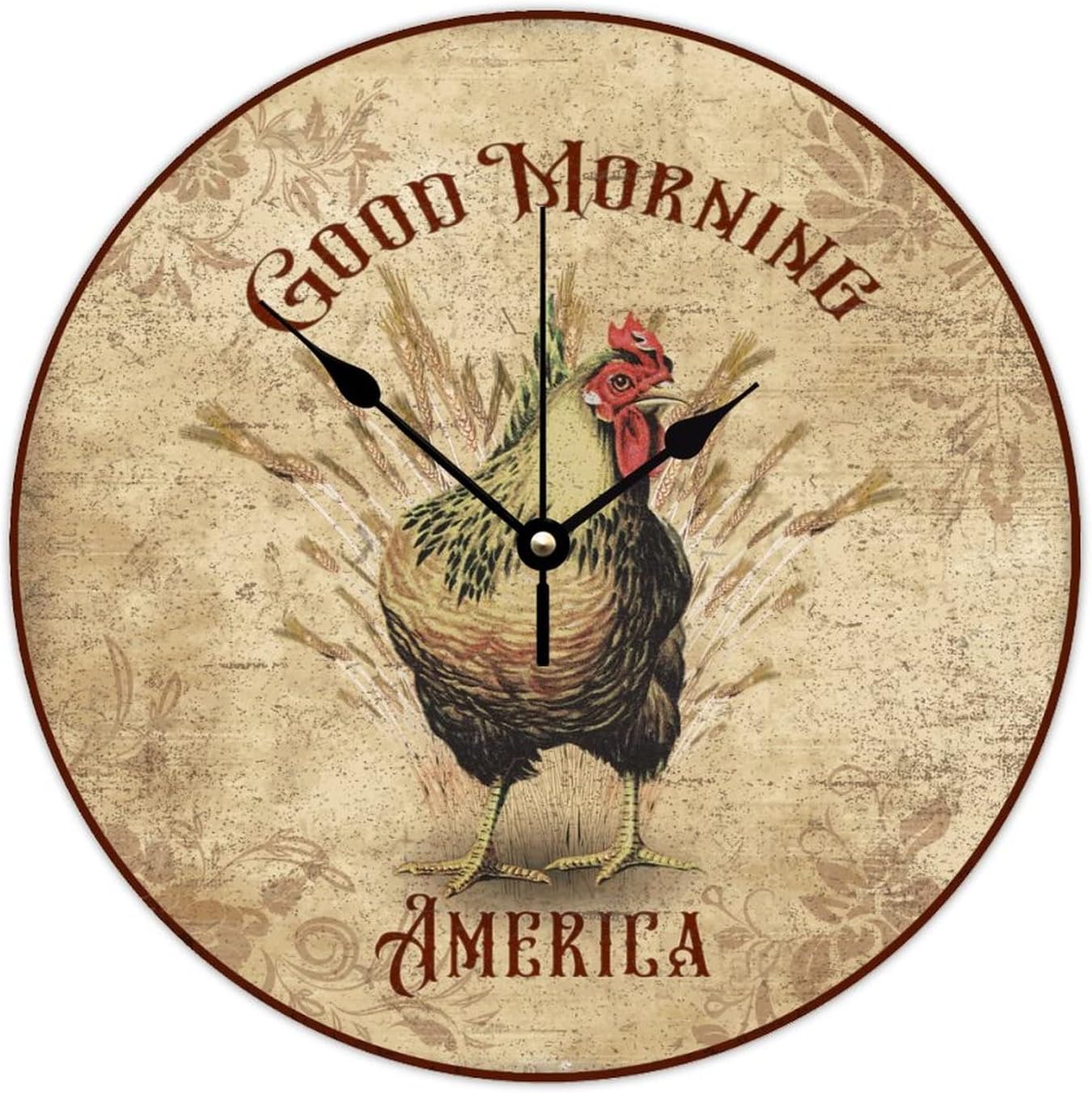 Rooster-Good Morning America Clocks Hen Wooden Round Clock Farmhouse Welcome Home Gifts Battery Operated Home Decor for Kitchen\/Living Room 15x15 inches