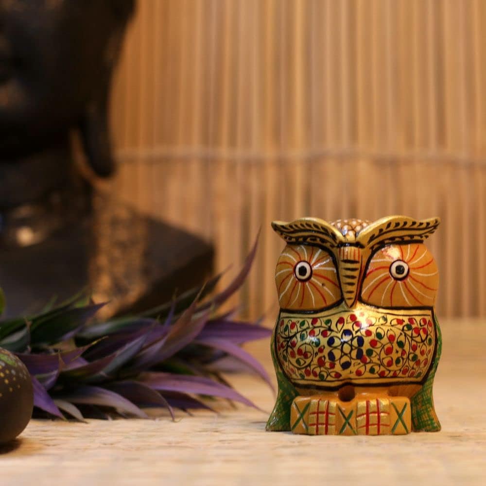 Sandhya Home Collections Wooden Owl with Fine Gold Painting; Miniature Idol Gift Vaastu Feng Shui Good Luck Charm, Medium, Multicolor 1.2X2.5X3 Inches
