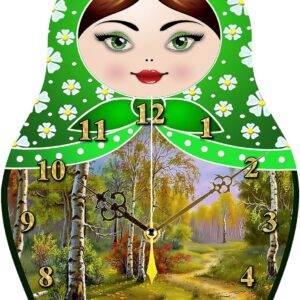 STP GOODS Matreshka Wooden Wall Clock, Weather Indication German Cuckoo Clock, Wall Decor, Home Decor, Humidity Indication, Rustic Design 10.6 x 14.5 (27 x 37 cm) (Green)