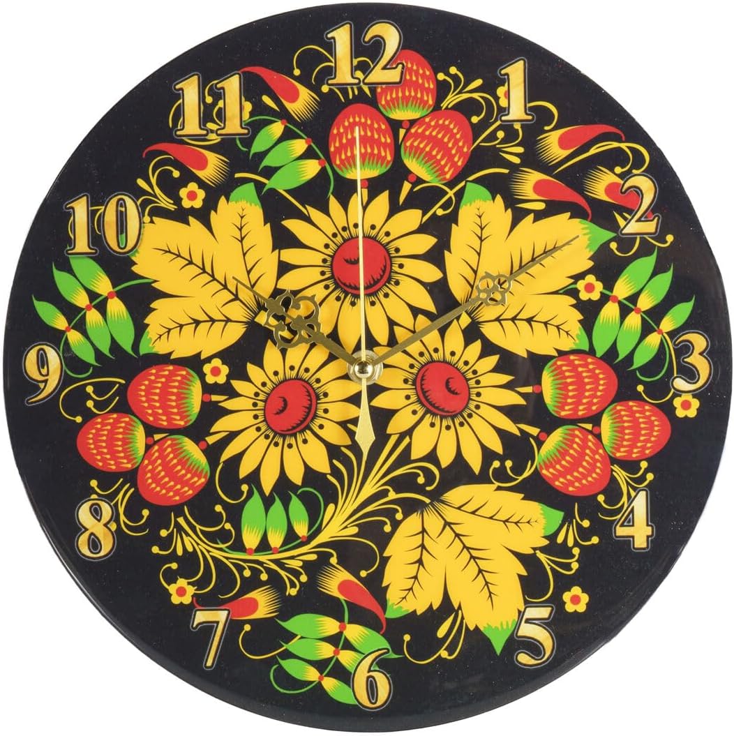 STP GOODS Round Wooden Wall Clock 11.4" (29 cm) Analog Clock for Kitchen Home Office Bedroom Decor Kitchen Clock with Arabic Numbers Battery Operated Clock (Strawberry Khokhloma)