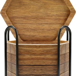 Unique Acacia Wood Coasters with Holder Wooden Coaster Set of 6 Drink Coffee Table Decoration Cute Kitchen Decor Gift Bar Accessories Large Rustic Cool Outdoor Cup Coasters