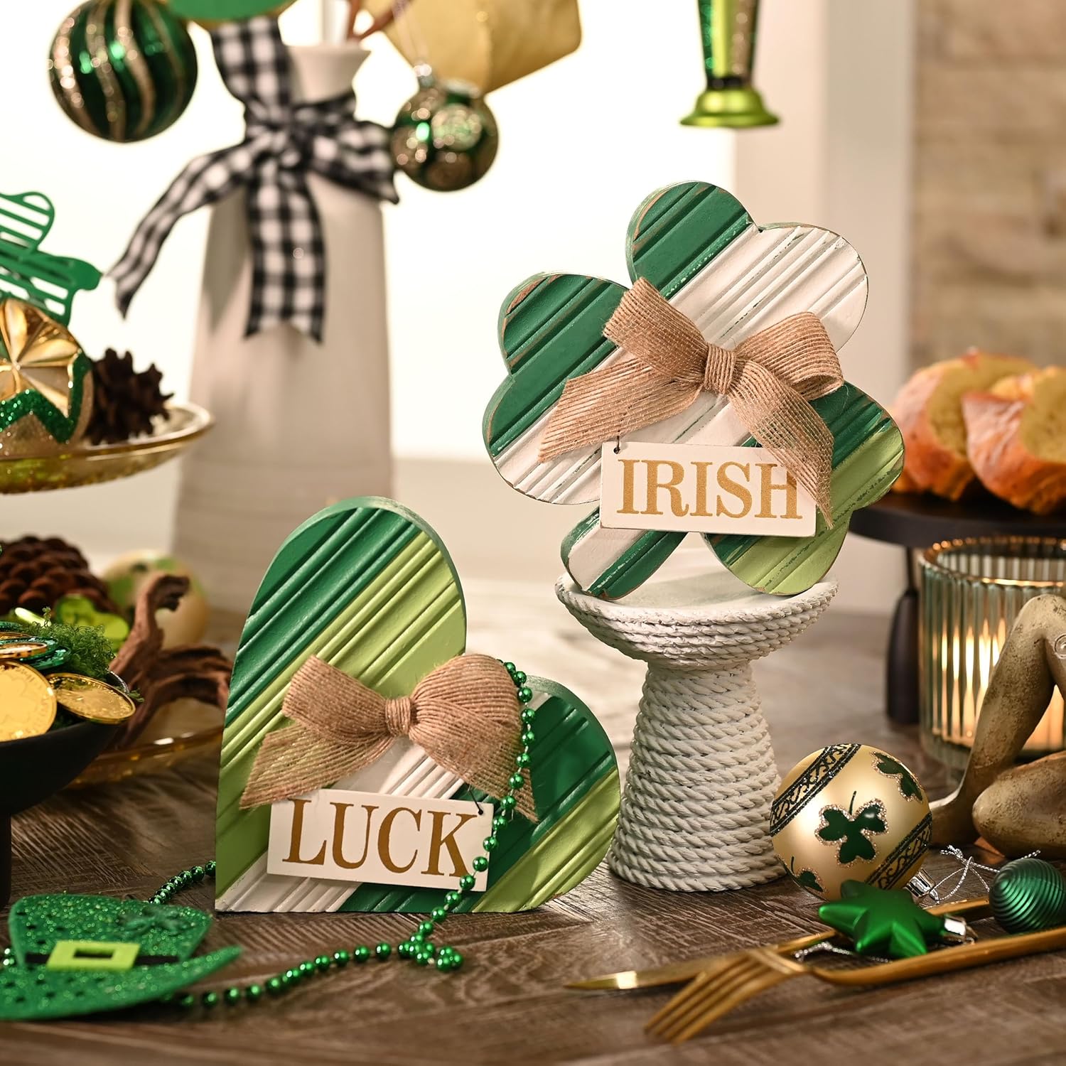 Valery Madelyn St Patricks Day Decorations, Ornament Set for Tree, 2 Pcs Wooden St Patricks Day Decor for Table Centerpieces, Good Luck Clover Emerald Green Ball Baubles for Party Home Spring - Image 9