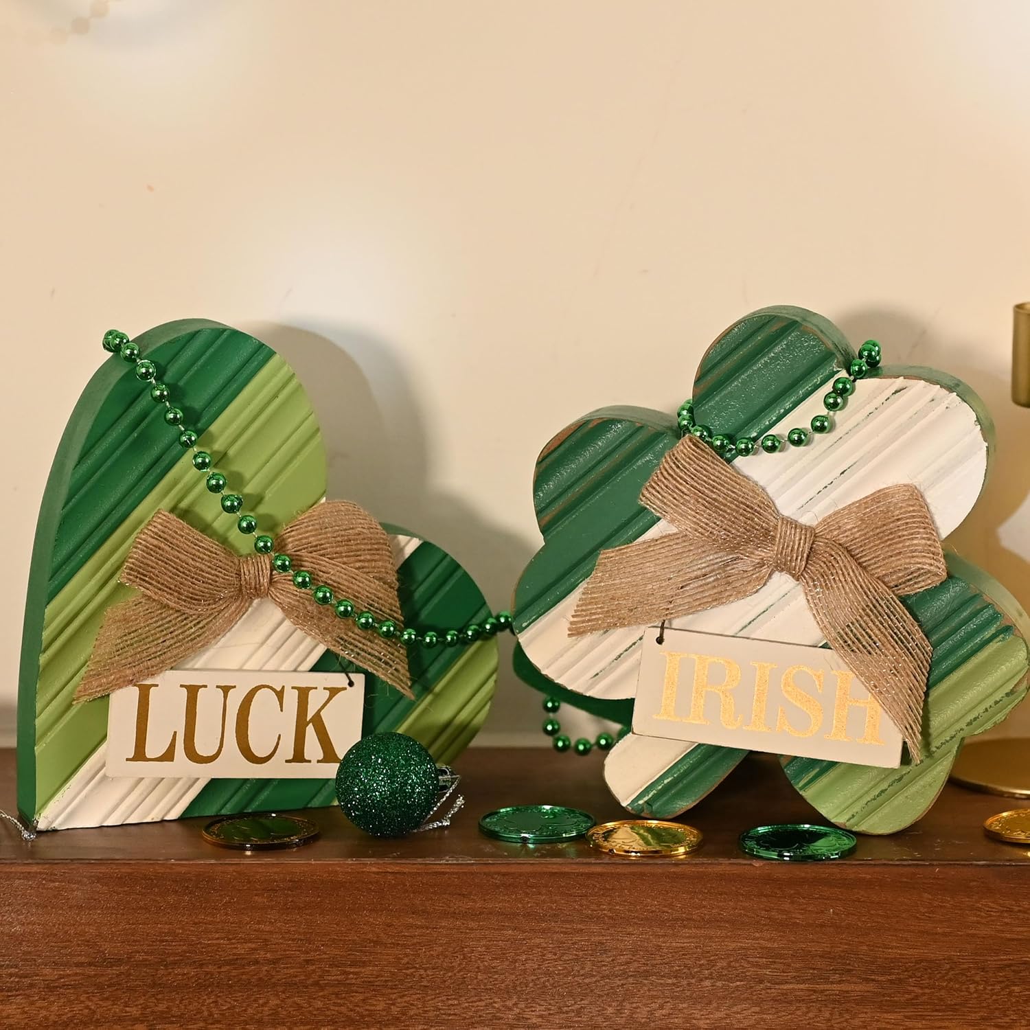 Valery Madelyn St Patricks Day Decorations, Ornament Set for Tree, 2 Pcs Wooden St Patricks Day Decor for Table Centerpieces, Good Luck Clover Emerald Green Ball Baubles for Party Home Spring - Image 8