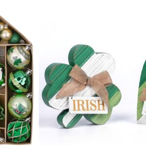 Valery Madelyn St Patricks Day Decorations, Ornament Set for Tree, 2 Pcs Wooden St Patricks Day Decor for Table Centerpieces, Good Luck Clover Emerald Green Ball Baubles for Party Home Spring