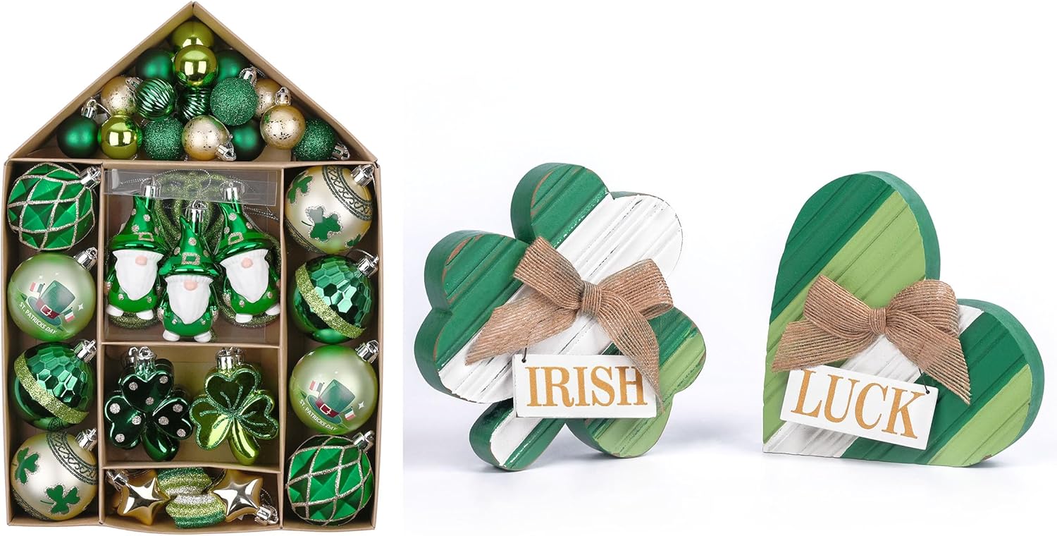 Valery Madelyn St Patricks Day Decorations, Ornament Set for Tree, 2 Pcs Wooden St Patricks Day Decor for Table Centerpieces, Good Luck Clover Emerald Green Ball Baubles for Party Home Spring