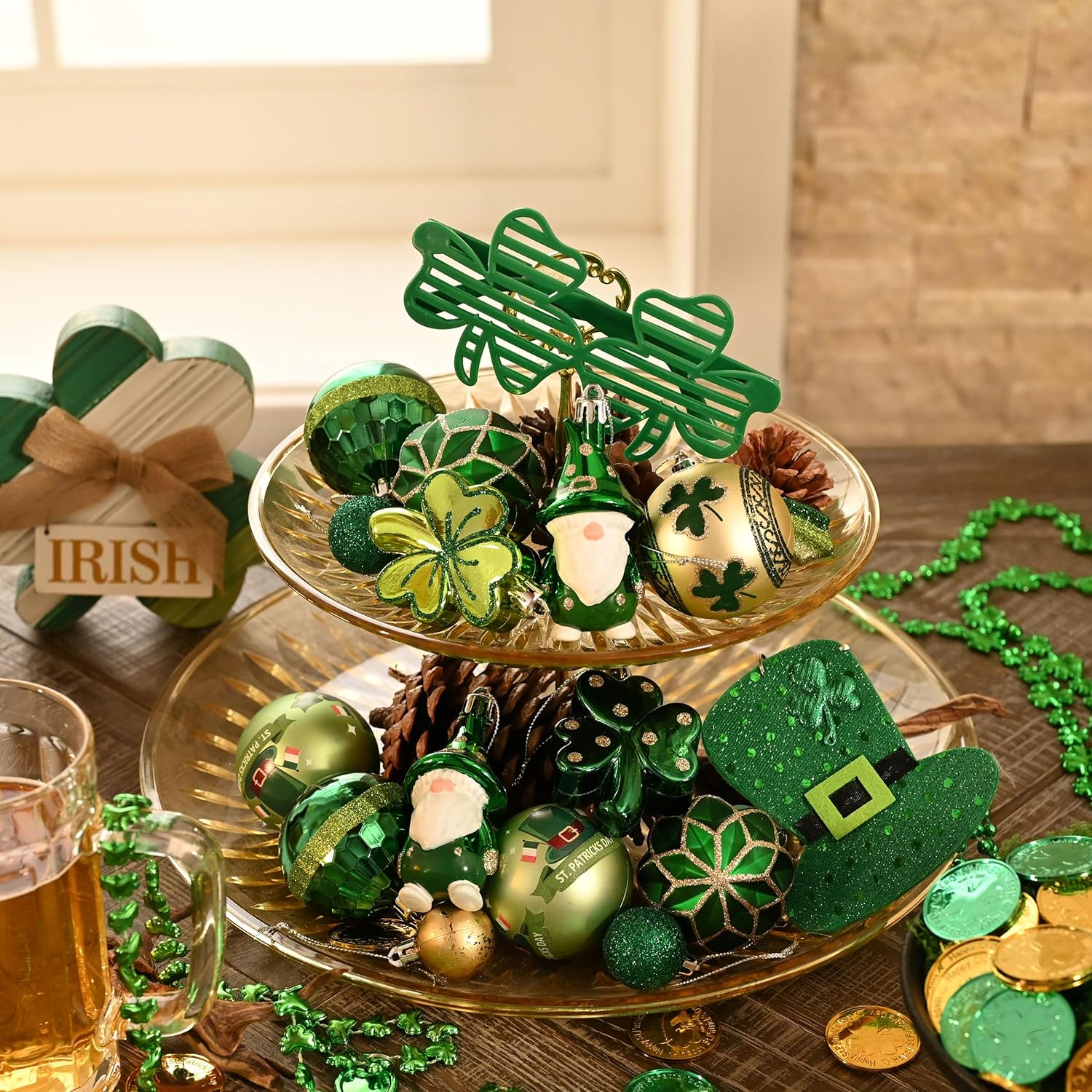 Valery Madelyn St Patricks Day Decorations, Ornament Set for Tree, 2 Pcs Wooden St Patricks Day Decor for Table Centerpieces, Good Luck Clover Emerald Green Ball Baubles for Party Home Spring - Image 6