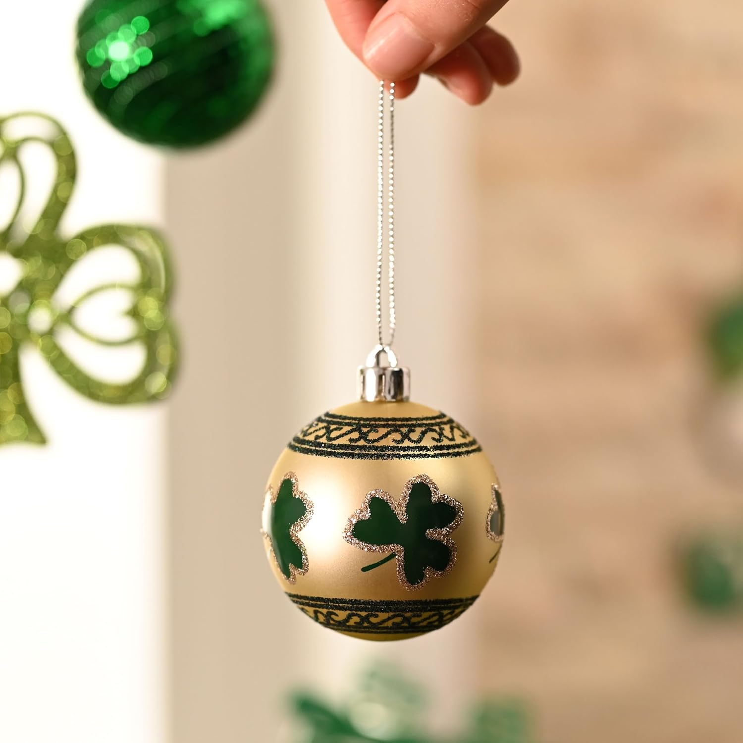 Valery Madelyn St Patricks Day Decorations, Ornament Set for Tree, 2 Pcs Wooden St Patricks Day Decor for Table Centerpieces, Good Luck Clover Emerald Green Ball Baubles for Party Home Spring - Image 2