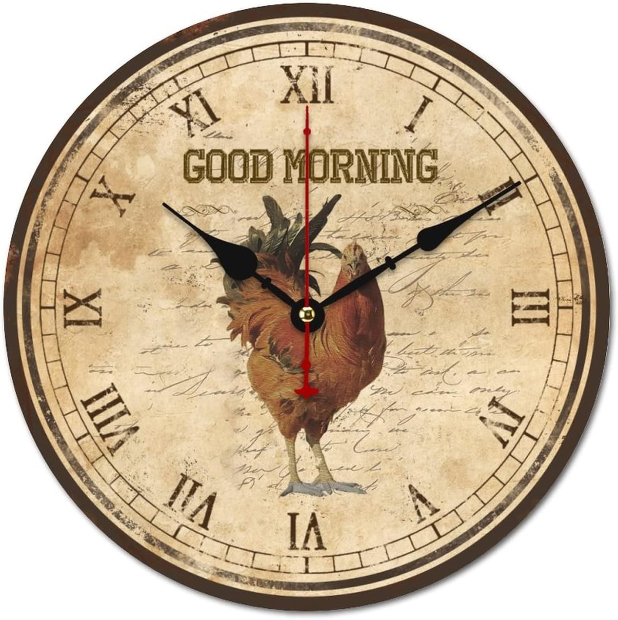 WengBeauty Good Morning Rooster Wall Clock Early Bird Design Wooden Round Clock Rustic Farmhouse Decorations - Rooster Decor Silent & Non-Ticking Home Decor for Kitchen 15"x15"