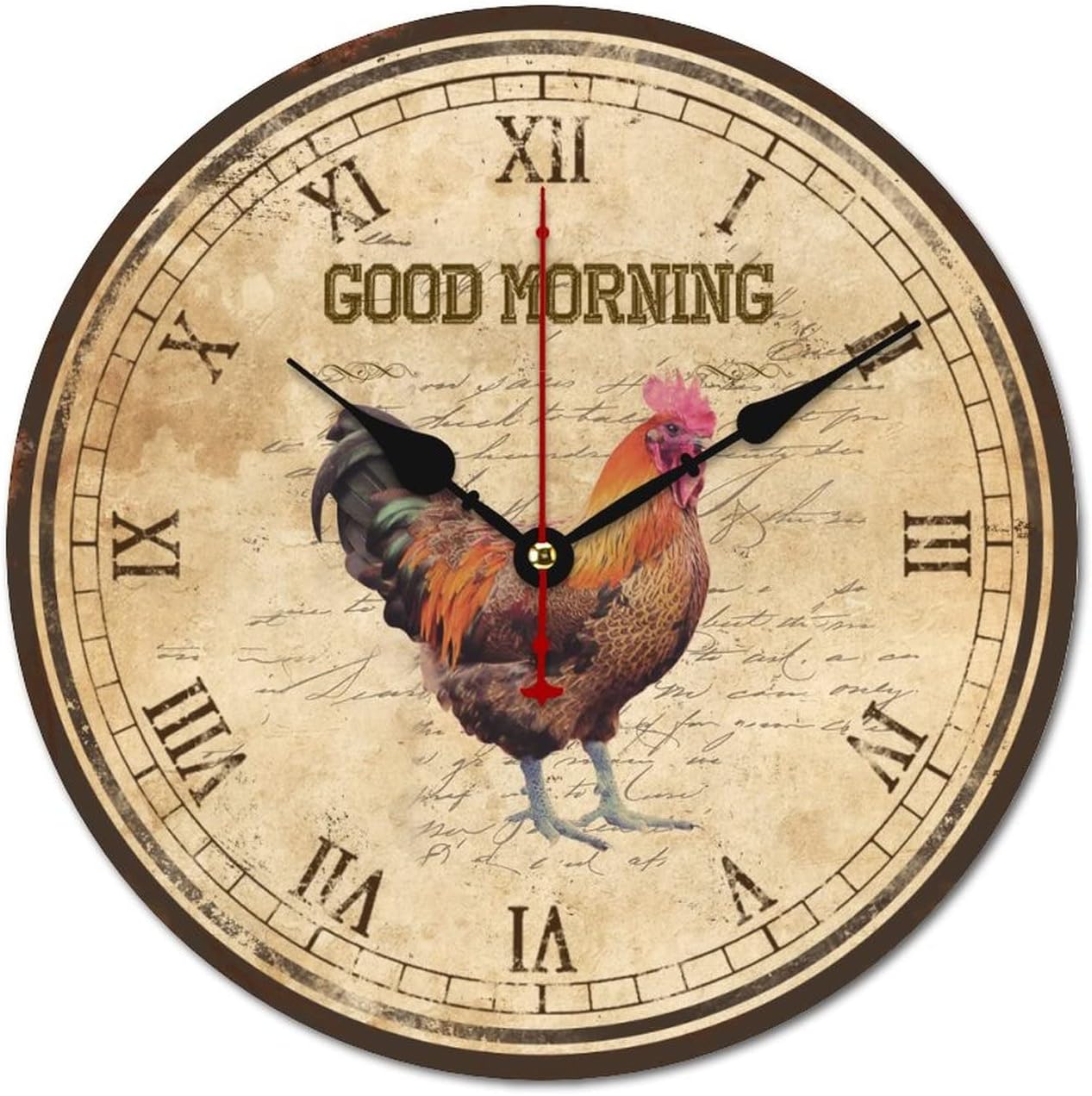 WengBeauty Good Morning Rooster Wall Clock Early Bird Design Wooden Round Clock Vintage Retro Gifts for Animal Lovers Silent Non-Ticking Decorative for Kitchen Home Bedroom 15"x15"