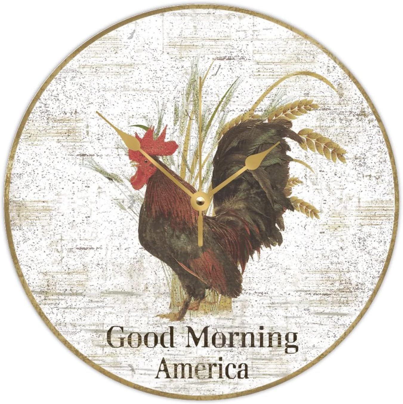 WengBeauty Rooster-Good Morning America Clock Chicken Lover Wooden Round Clock Retro New Home Owner Gift Silent Non Ticking Living Room Kitchen Home Bathroom 15x15 inches
