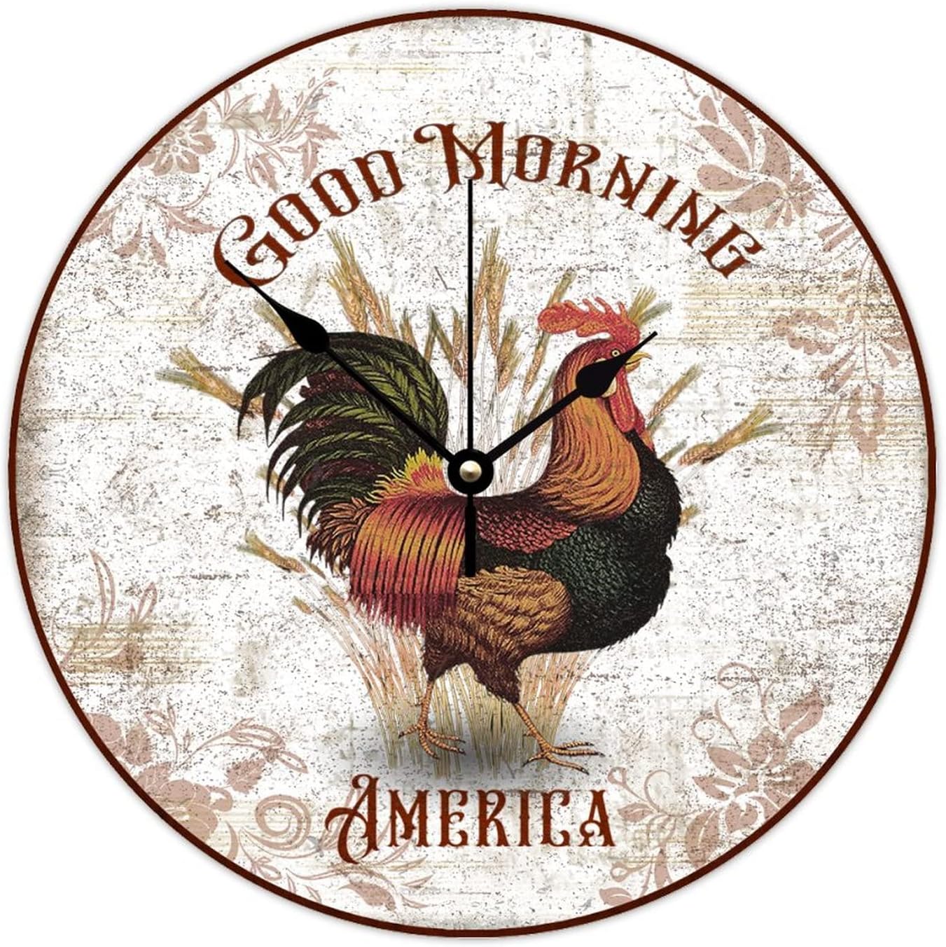 WengBeauty Rooster-Good Morning America Clocks Farm Bird Rooster Wooden Round Clock Rustic Rooster Gifts for Rooster Lovers Quality Quartz Battery Operated Home Decor for Kitchen 15x15 inches