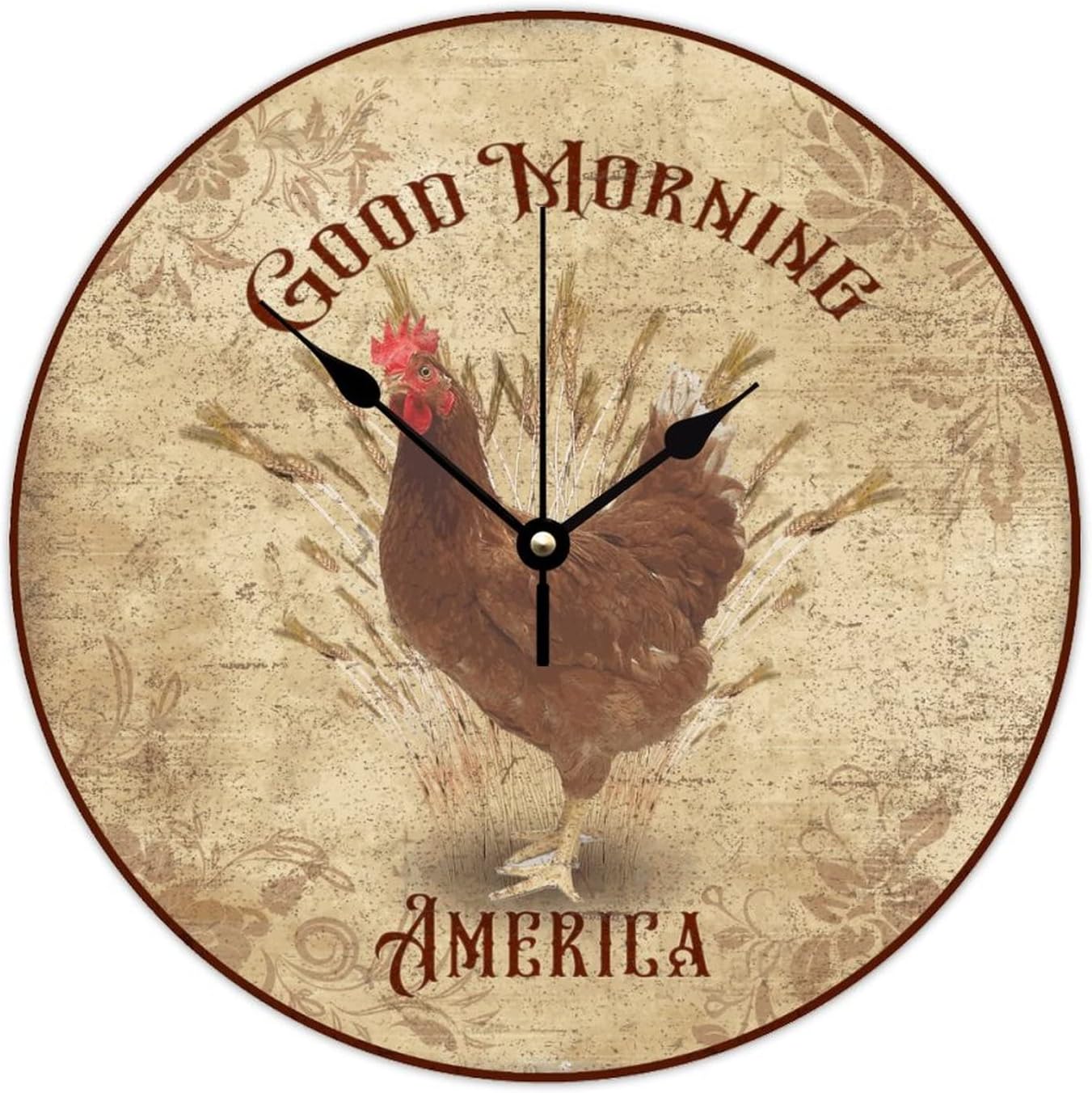 WengBeauty Rooster-Good Morning America Wall Clocks Chicken Lover Wooden Round Clock Vintage New Home Owner Gift Battery Operated Decorative for Kitchen Home Bedroom 15x15 inches