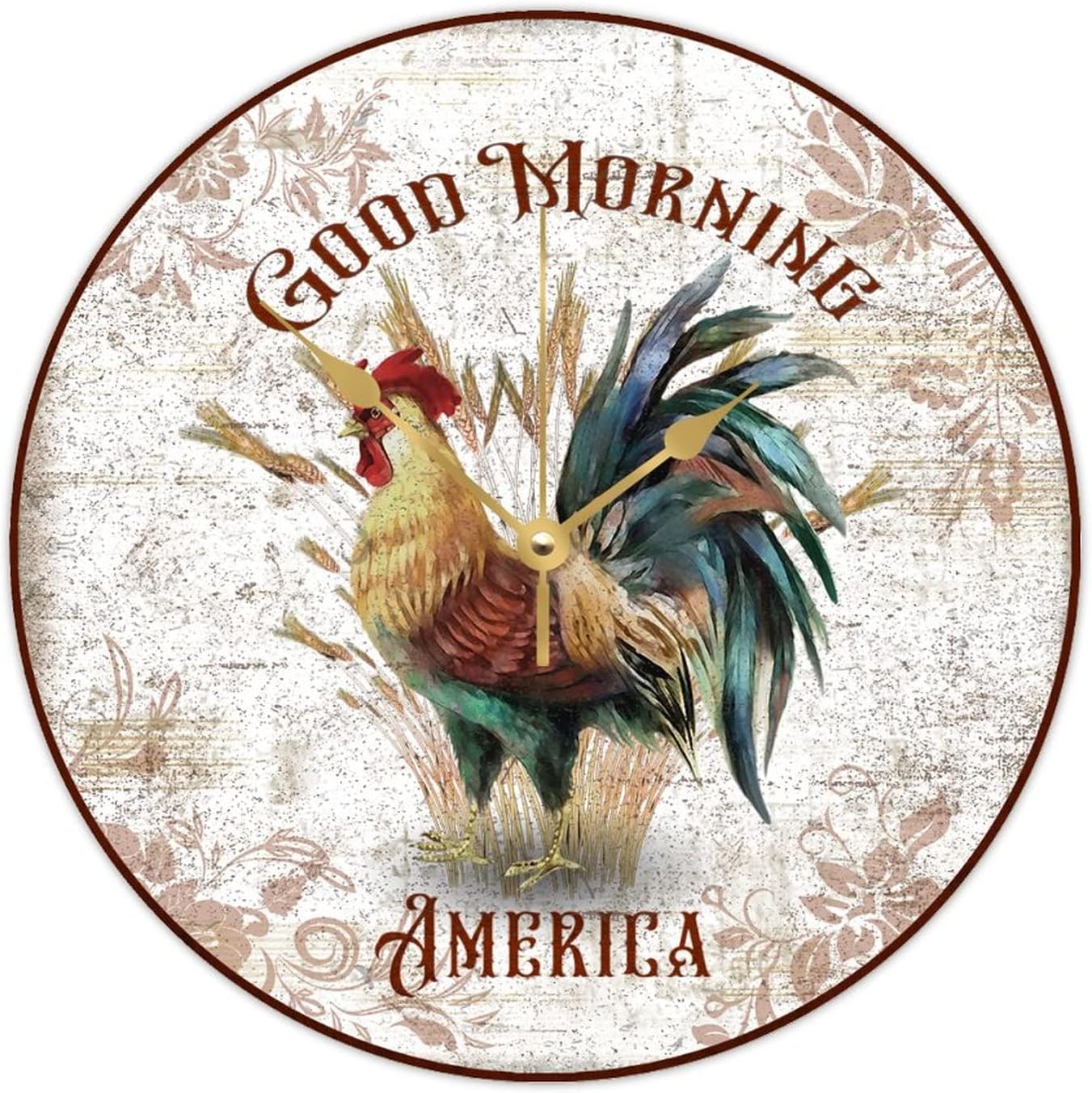 WengBeauty Rooster-Good Morning America Wall Clocks Farm Bird Rooster Wooden Round Clock Farmhouse Chicken Lover Gift Silent Non-Ticking Home Decor for Kitchen Bedroom 15x15 inches