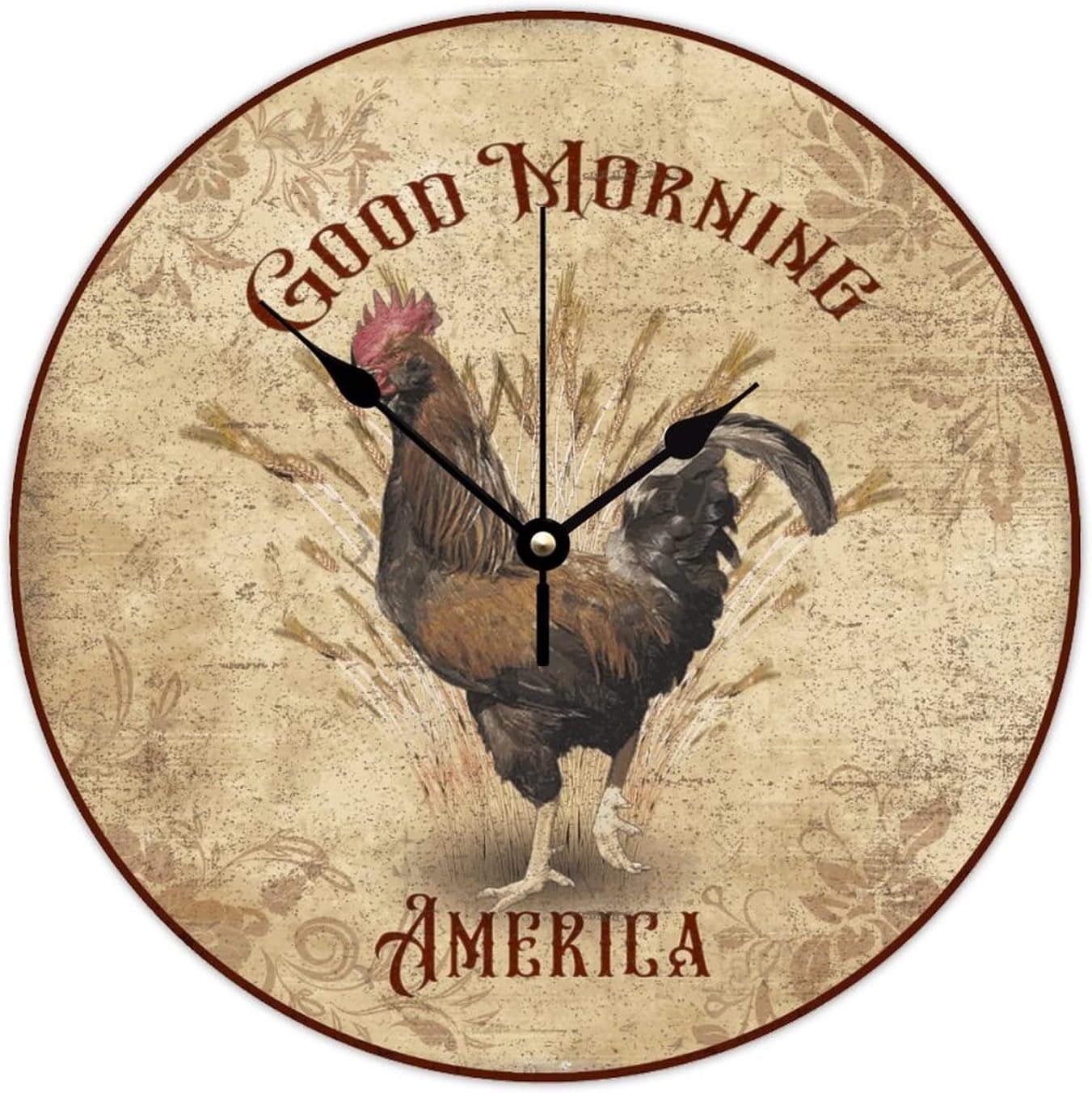 WengBeauty Rooster-Good Morning America Wall Clocks Farm Life Wooden Round Clock Rustic Chicken Lover Gift Quality Quartz Battery Operated Home Decor for Kitchen\/Living Room 15x15 inches
