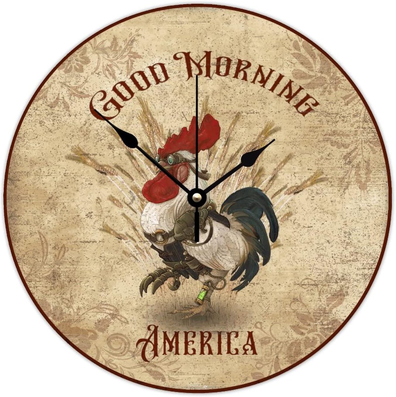 WengBeauty Rooster-Good Morning America Wall Clocks Morning Rooster Wooden Round Clock Retro Chicken Lover Gift Non Ticking Silent Home Decor for Kitchen 15x15 inches