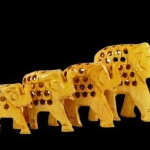 Wooden Jaali up Trunk Elephant Baby Set of 4 Showpiece Home Decor Showpiece (400g) II Attractive Wood Showpiece Hathi Statue II Gift Ideal II Good Luck Wishes by Indian Collectible