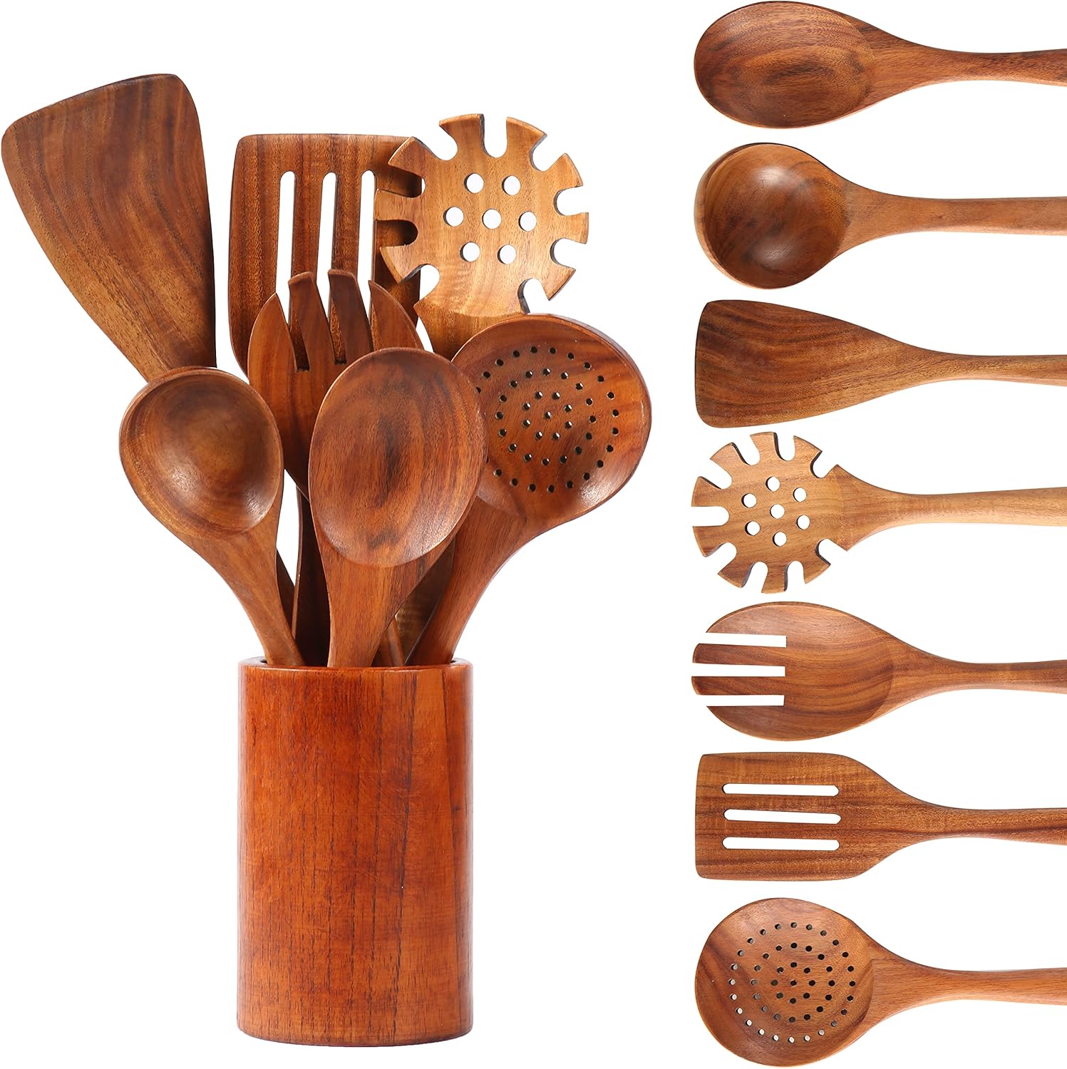 Wooden Kitchen Cooking Utensils, NAYAHOSE 8 Pcs Natural Teak Wooden Spoons Spatulas and Wooden Storage Barrel for Non-stick Pan