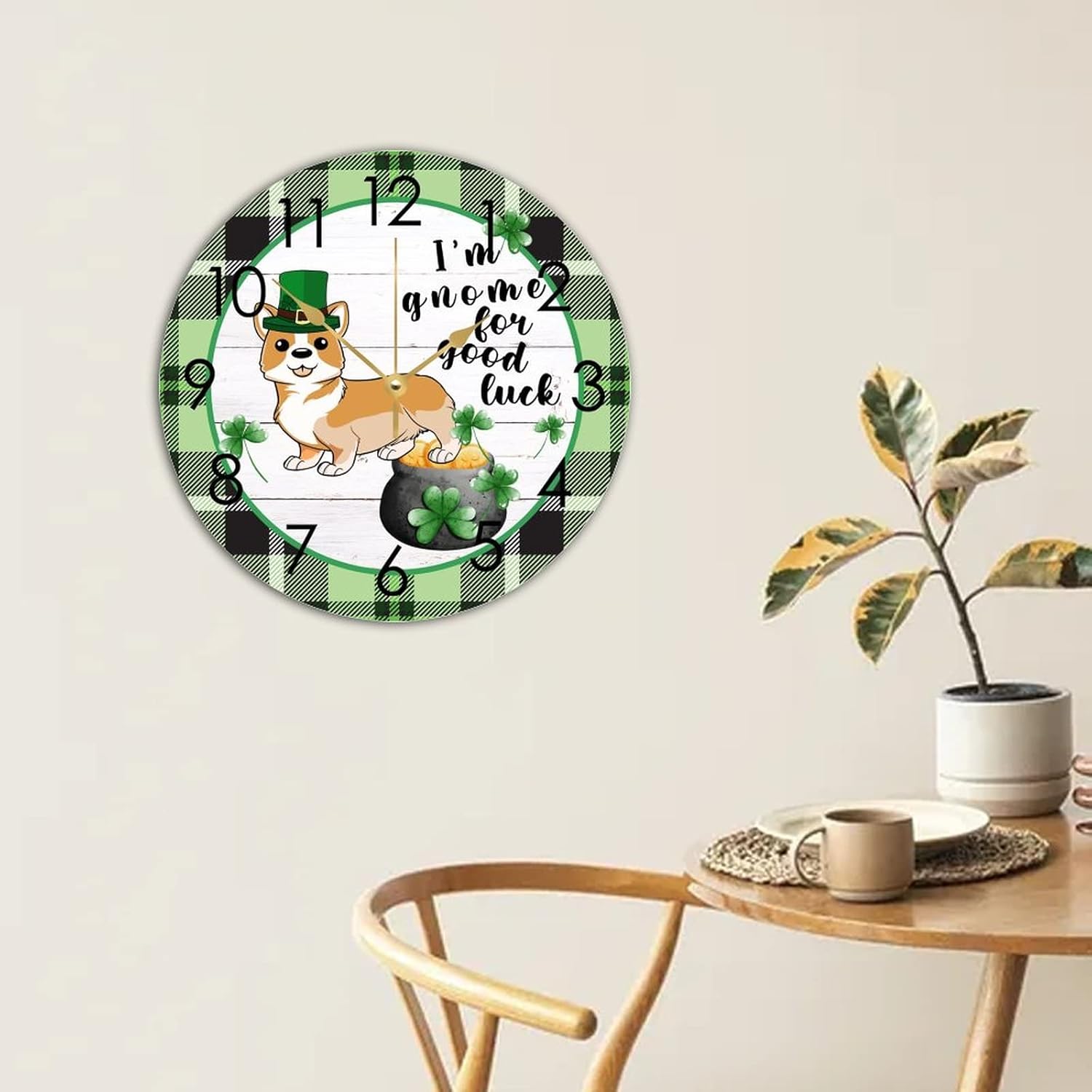 Wooden Round Clock Nursery Clock St. Patrick's Day I'm Gnome for Good Luck Corgi Dog Shamrock Clock Irish Home Funny Wall Clock Non Ticking Silent Decorative for Kitchen Home Bedroom 15"x15" - Image 4