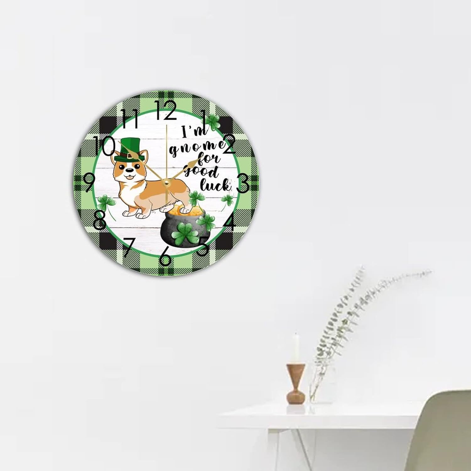 Wooden Round Clock Nursery Clock St. Patrick's Day I'm Gnome for Good Luck Corgi Dog Shamrock Clock Irish Home Funny Wall Clock Non Ticking Silent Decorative for Kitchen Home Bedroom 15"x15" - Image 6