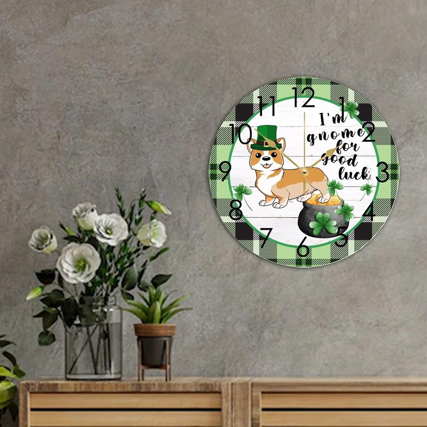 Wooden Round Clock Nursery Clock St. Patrick's Day I'm Gnome for Good Luck Corgi Dog Shamrock Clock Irish Home Funny Wall Clock Non Ticking Silent Decorative for Kitchen Home Bedroom 15"x15" - Image 2