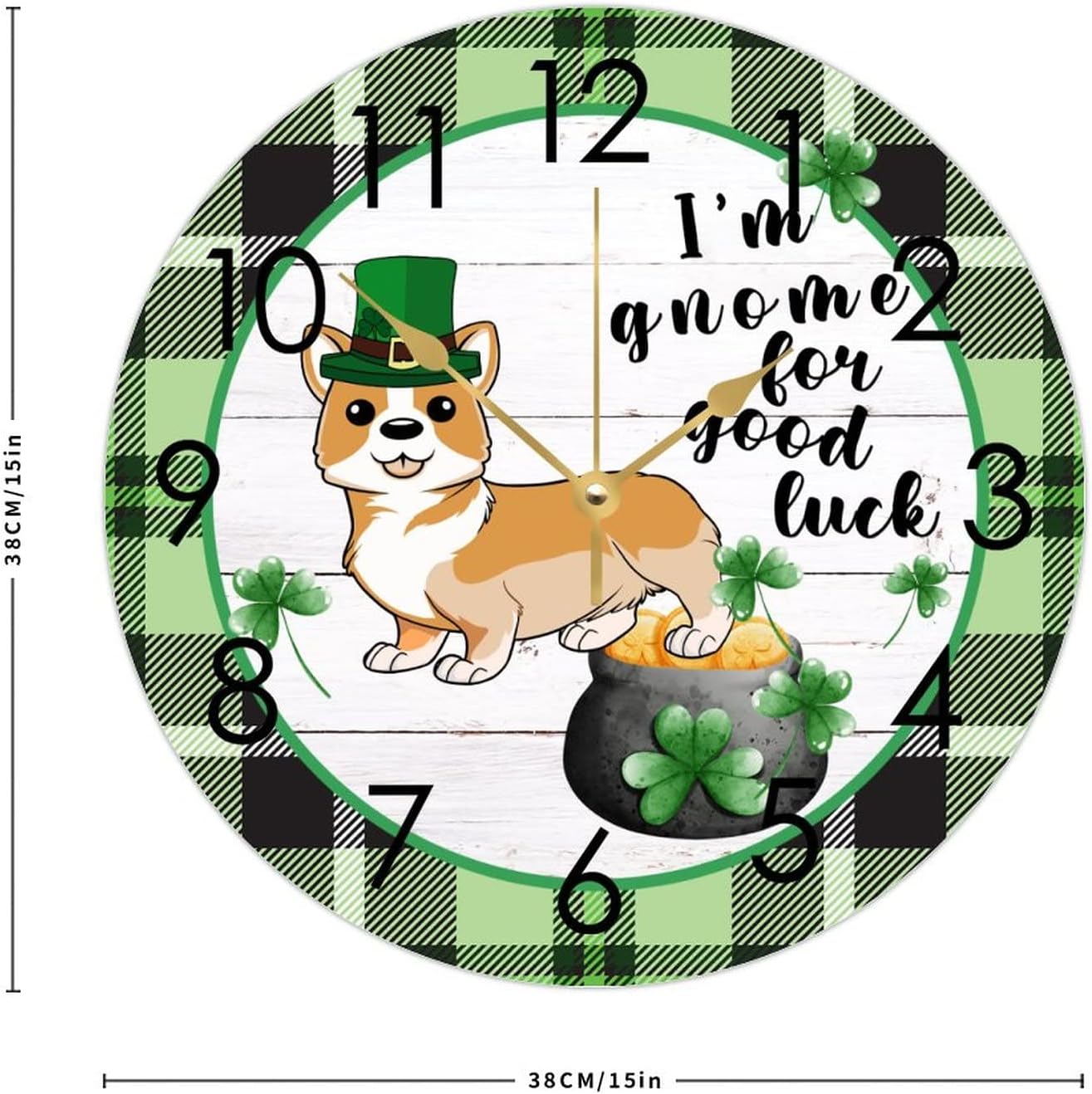 Wooden Round Clock Nursery Clock St. Patrick's Day I'm Gnome for Good Luck Corgi Dog Shamrock Clock Irish Home Funny Wall Clock Non Ticking Silent Decorative for Kitchen Home Bedroom 15"x15" - Image 3