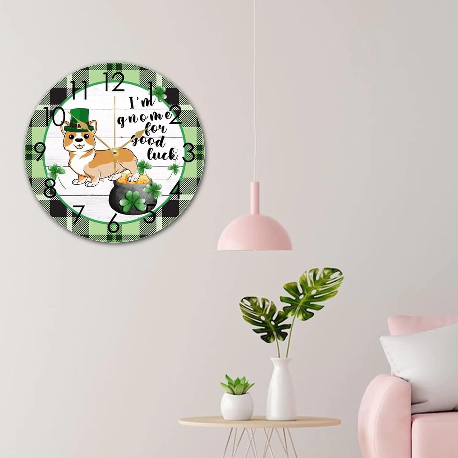 Wooden Round Clock Nursery Clock St. Patrick's Day I'm Gnome for Good Luck Corgi Dog Shamrock Clock Irish Home Funny Wall Clock Non Ticking Silent Decorative for Kitchen Home Bedroom 15"x15" - Image 8